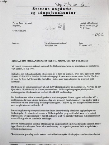 Adopsjonsdokument - Avslag frå Statens ungdoms- og adopsjonskontor 2000.
