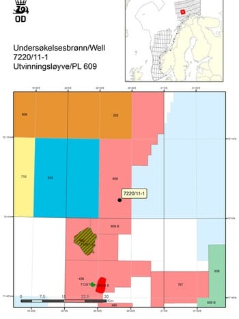Olge- og gassfunn - Undersøkelsesbrønn 7220/11-1 hvor det er funnet et stort olje- og gassfunn i Barentshavet.Oljedirektoratet