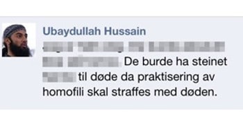 Ubaydullah Hussain på Facebook - Denne meldingen ble publisert fra Ubaydullah Hussains facebook-konto i en tråd som omhandlet en konkret person. - Foto: Skjermdump / 