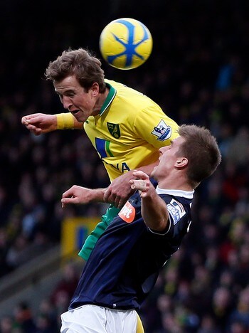 SOCCER-ENGLAND/CUP Norwich City's Harry Kane challenges Luton Town's Janos Kovacs during their FA Cup fourth round soccer match at Carrow Road in Norwich