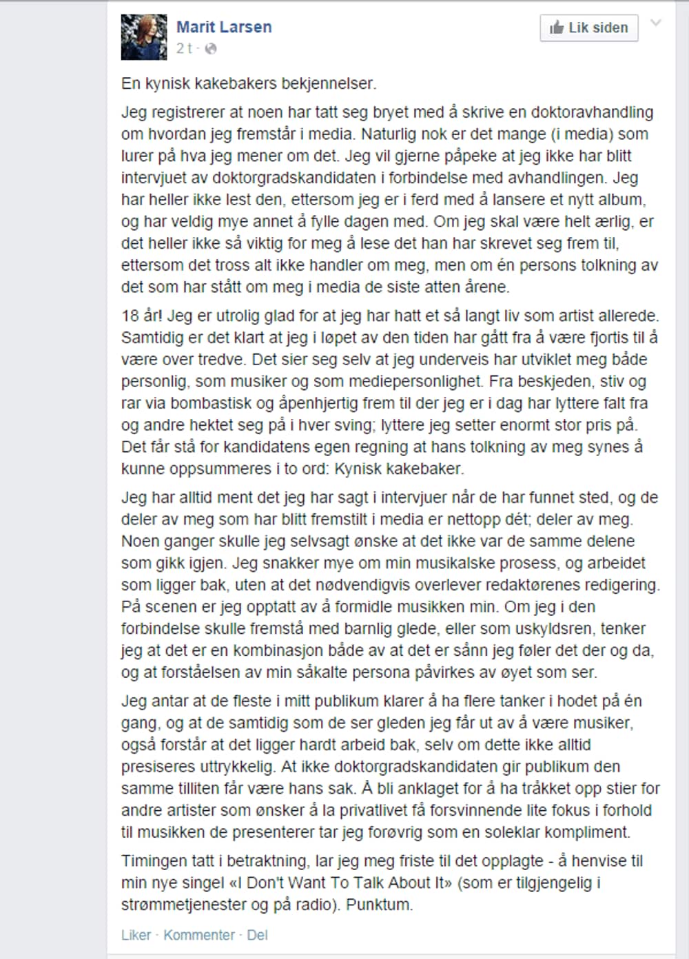 Marit Larsens Facebookstatus i forbindelse med en doktorgrad om hennes image. - Her kan du se hele Marit Larsens status fra hennes åpne Facebook-side. - Foto: Skjermdump / 