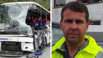 STORE SKADAR: Havariinspektør Tor Østberg kan ikkje hugse å ha vore borti ei så alvorleg bussulykke med slike skadar. - YP0ykkD4fSiT7AIjoMbjUg9pr0SF9OEpsDtSg3CEZIZw