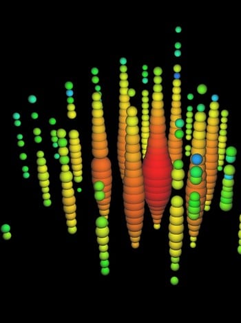 Høyenergi-nøytrino endelig fanget - Slik illustreres sporet etter Ernie, nøytrinoet med den høyeste energien som er registrert, 1140 TeV. Signalet dukket opp ved IceCube-observatoriet i Antarktis, 3. januar 2012. - Foto: IceCube Collaboration / 
