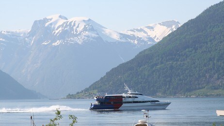 Ekspressbåten Vingtor passerer Vangsnes (Foto: Ottar Starheim/NRK)
