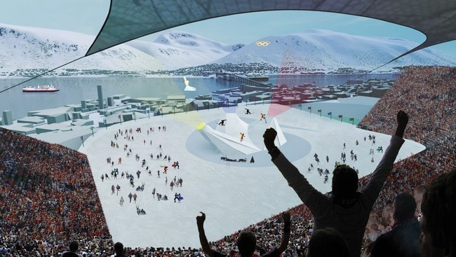 Seremoniarenaen Valhall, Tromsø-OL 2018 (Foto: Illustrasjon: 70°N arkitektur as / Rambøll Mapping AS)