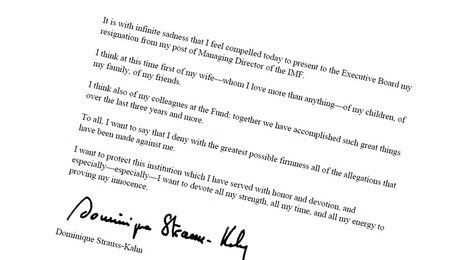 Oppsigelsesbrev Strauss-Kahn Oppsigelsesbrev Strauss-Kahn