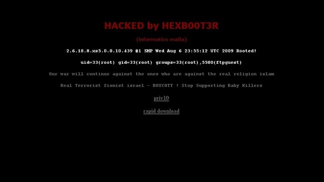 Faksimile av den hackede nettsiden