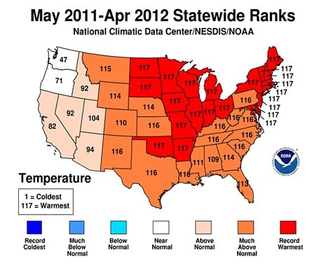 USA varmeste år fra mai 2011 til april 2012  (Foto: http://www.ncdc.noaa.gov/temp-and-precip/maps.php?ts=12&year=2012&month=4&imgs[]=Statewidetrank&subm)