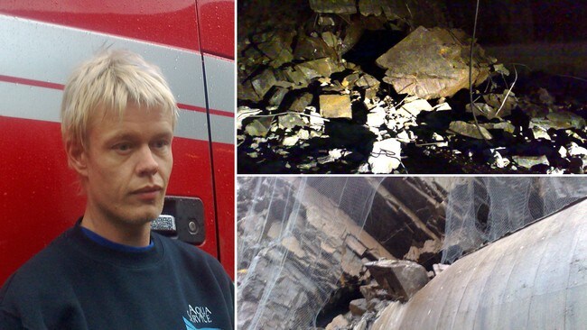 Lastebilsjåfør Jørn Øvsthus slapp med skrekken etter ras på Haukelifjell (Foto:Egil Torheim/NRK) Lastebilsjåfør Jørn Øvsthus slapp med skrekken etter ras på Haukelifjell (Foto:Egil Torheim/NRK)