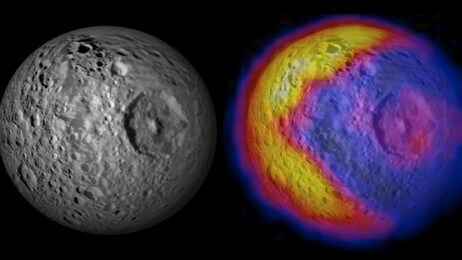 Saturns måne, Mimas, røper spillreferanser i dette termofotografiet fra romfartøyet Cassini. (NASA/JPL/SSI) Saturns måne, Mimas, røper spillreferanser i dette termofotografiet fra romfartøyet Cassini. (NASA/JPL/SSI)