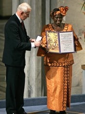 Ole Danbolt Mjøs overrekker Nobelprisen til Wangari Maathai i Oslo rådhus (Foto: YVES HERMAN/REUTERS) Ole Danbolt Mjøs overrekker Nobelprisen til Wangari Maathai i Oslo rådhus (Foto: YVES HERMAN/REUTERS)