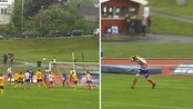 Jacob Lund heading - Kvik Haldens Jacob Lund fikk en stor sjanse til å sende Kvik i føringen mot Lillestrøm etter 40 minutter.