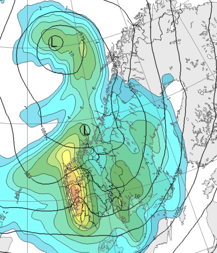 Restene av Leslie og Michael slår seg sammen til ett lavtrykk (Foto: Meteorologisk institutt) Restene av Leslie og Michael slår seg sammen til ett lavtrykk (Foto: Meteorologisk institutt)