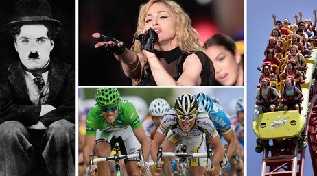 Charlie Chaplin, Madonna, Tour de France og Berg- og dalbaner. Kvitt eller dobbelt 2009  (Foto: Fotocollage: NRK/Scanpix)