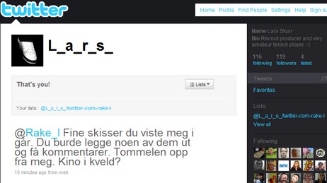 Lars twitrer med Rakel (Foto: skjermdump)