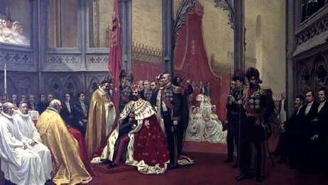 Kong Oscar 2 blir kronet i Nidarosdomen 18. juli 1873. (Foto: Maleri av Knud Larsen Bergslien fotografert av Kjartan P. Hauglid, Det Kongelige Hoff) Kong Oscar 2 blir kronet i Nidarosdomen 18. juli 1873. (Foto: Maleri av Knud Larsen Bergslien fotografert av Kjartan P. Hauglid, Det Kongelige Hoff)