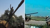 En mann kaster stein mot en tanks i Deraa i april en annen har overtatt en tanks i Aleppo i juli