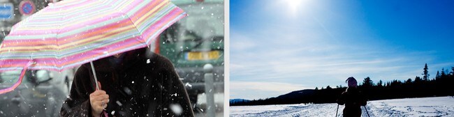 Snøvær i sør, solskinn i nord (Foto: Colourbox/Phillipe Pauchet og Scanpix/Johannessen Sara)