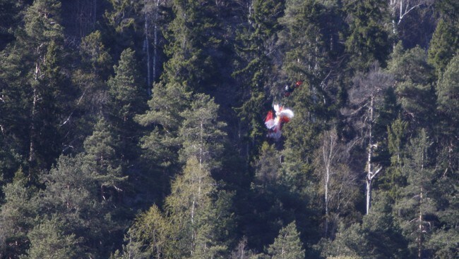 Paraglider krasjet i tre i Solbergfjellet (Foto: Joakim Fjeldli) Paraglider krasjet i tre i Solbergfjellet (Foto: Joakim Fjeldli)