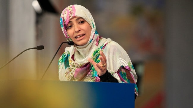 Tawakul Karman i sitt Nobel-foredrag (Foto: Cornelius Poppe/SCANPIX) Tawakul Karman i sitt Nobel-foredrag (Foto: Cornelius Poppe/SCANPIX)