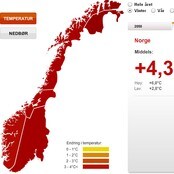 Sannsynlig temperaturøkning i Norge innen 2100 (Foto: Miljøverndepartementet/Klimatilpasning i Norge)
