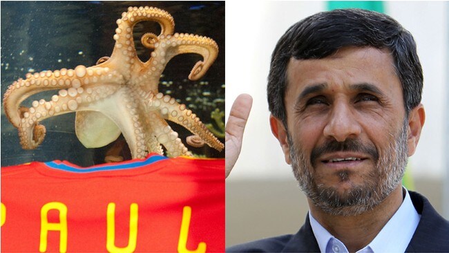 Mahmoud Ahmadinejad, Blekkspruten Paul (Foto: ATTA KENARE/AFP PHOTO) Mahmoud Ahmadinejad, Blekkspruten Paul (Foto: ATTA KENARE/AFP PHOTO)