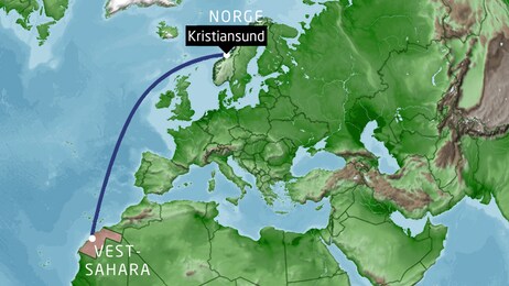 Kart - rute Vest-Sahara til Kristiansund (tett) (Foto: Grafikk:/NRK)