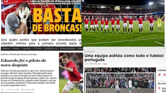 Faksimile av portugisiske aviser etter kampen mot Norge.