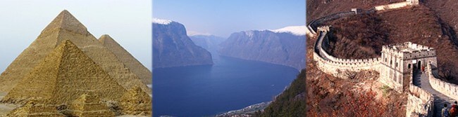 Pyramidane, Sognefjorden og den kinesiske mur (Foto: Erlend Aas, Scanpix, Brit Jorunn Svanes, NRK, Wibecke Lie, NTB) Pyramidane, Sognefjorden og den kinesiske mur (Foto: Erlend Aas, Scanpix, Brit Jorunn Svanes, NRK, Wibecke Lie, NTB)