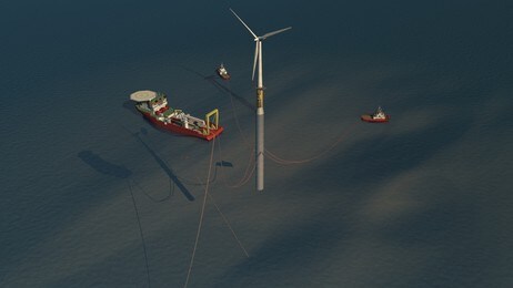 Hywind festes til bunnen med 3 store kjettinger (Foto: Statoilhydro) Hywind festes til bunnen med 3 store kjettinger (Foto: Statoilhydro)