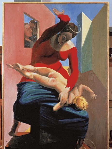 'Jomfru Maria tukter Jesusbarnet foran tre vitner: André Breton, Paul Éluard og kunstneren' fra 1926 (Foto: © Max Ernst/BUS 2008 / Foto: Rheinisches Bildarchiv, Köln)