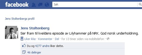 Jens Stoltenberg liker Lilyhammer på Facebook. Jens Stoltenberg liker Lilyhammer på Facebook.