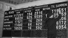  Stortingsvalget i 1953, opptelling av stemmer i Oslo Rådhus (Foto: Scanpix/SCANPIX)