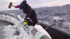 En ansatt slår is av merdekanten på et oppdrettsanlegg på Frøya. (Foto: Petter Vidar Vågsvær/NRK) En ansatt slår is av merdekanten på et oppdrettsanlegg på Frøya. (Foto: Petter Vidar Vågsvær/NRK)