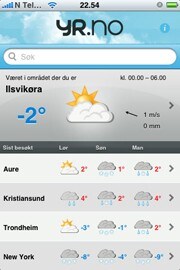 yr.no på iPhone: Hovedmeny yr.no på iPhone: Hovedmeny