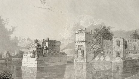 Padmini) (Padmavati) og Ratan-Sens palass i Chittor (Foto: Trykk av Edward Francis Finden (1829))
