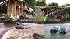 Ødeleggelser etter flom i Norge. (Foto: Roar Halten/NRK, Knut Reitan/NRK, Morten Andersen/NRK/Collage)