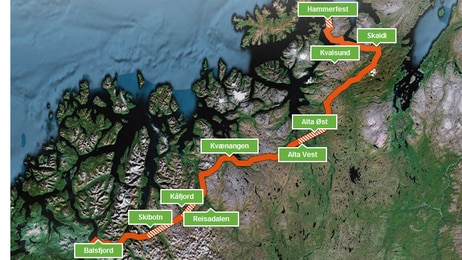 420-volts kraftlinje fra Balsfjord til Hammerfest (Foto: Skjermdump/Statnett) 420-volts kraftlinje fra Balsfjord til Hammerfest (Foto: Skjermdump/Statnett)