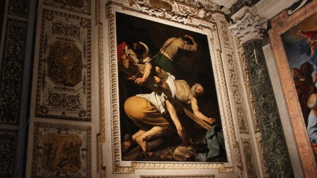 Caravaggio: Peters korsfestelse (Santa Maria del Popolo ca 1601) (Foto: Nina Skurtveit/NRK) Caravaggio: Peters korsfestelse (Santa Maria del Popolo ca 1601) (Foto: Nina Skurtveit/NRK)