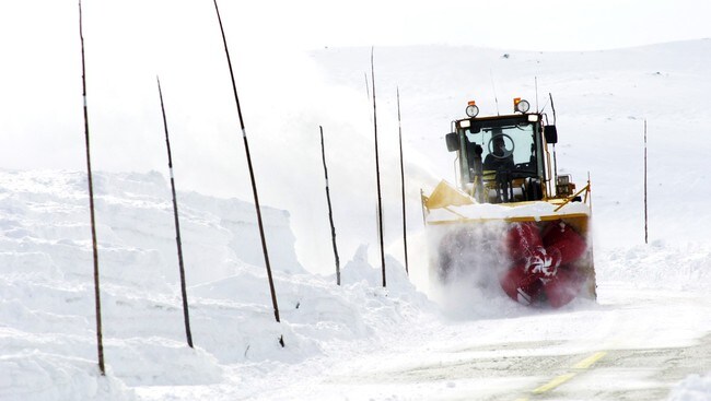 Brøytetraktor i gang i nærheten av Haugastøl på Riksvei 7 over Hardangervidda (Foto: Morken, Birger/SCANPIX) Brøytetraktor i gang i nærheten av Haugastøl på Riksvei 7 over Hardangervidda (Foto: Morken, Birger/SCANPIX)