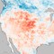 Satellittbildet fra NASA viser hvordan temperaturene i USA har ført til branner over store deler av landet. De røde feltene viser temperaturer over gjennomsnittet, mens de blå viser temperaturer som ligger under. Satellittbildet fra NASA viser hvordan temperaturene i USA har ført til branner over store deler av landet. De røde feltene viser temperaturer over gjennomsnittet, mens de blå viser temperaturer som ligger under.