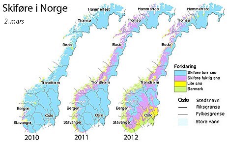 Skiføre i Norge 2.mars 2010, 2011 og 2012 (Foto: senorge.no) Skiføre i Norge 2.mars 2010, 2011 og 2012 (Foto: senorge.no)