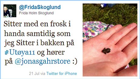 Frida tvitret og sendte bilde fra Utøya 21. juli 2011 (Foto: Twitter) Frida tvitret og sendte bilde fra Utøya 21. juli 2011 (Foto: Twitter)