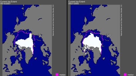 Isen i Arktis i år sammenlignet med i 2005 (Foto: Illustrasjon: The National Snow and Ice Data Center) Isen i Arktis i år sammenlignet med i 2005 (Foto: Illustrasjon: The National Snow and Ice Data Center)