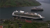 Sjå cruiseskipa frå lufta - Olden i Nordfjord er ein liten cruise-destinasjon, men tek imot store skip. 

To av verdas største cruiseskip ankra opp i morgontimane i dag, og tusenvis av turistar strøyma i land....
