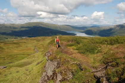 På stien mellom Hamlagrø i Bergsdalen og Vending turisthytte. Hamlagrøvatnet bak.   T-merket rute.