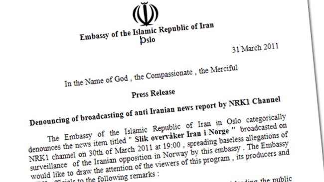 Faksimile: Brev fra den iranske ambassaden