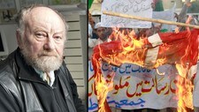 Kurt Westergaard / Demonstrasjon mot karikaturtegningene i Pakistan (Foto: Henning Bagger/Athar Hussain/Afp/Scanpix)