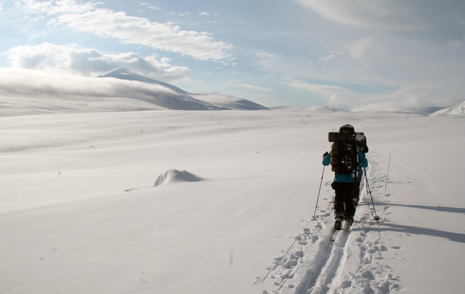 Etter vind og snøbyger åpnet himmelen seg plutselig over tre lofotinger på tur inn til Reinheim og Snøhetta på Dovrefjell.
