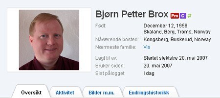 Bjørn P. Brox profil på Geni.com (Foto: Bjørn P. Brox) Bjørn P. Brox profil på Geni.com (Foto: Bjørn P. Brox)